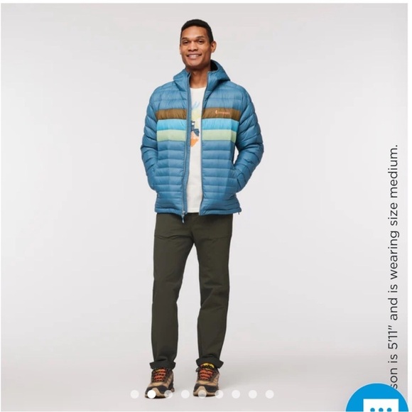 Cotopaxi Men’s Medium Fuego Hooded Down Puffer Jacket Blue Spruce Stripes NWT - Picture 10 of 15